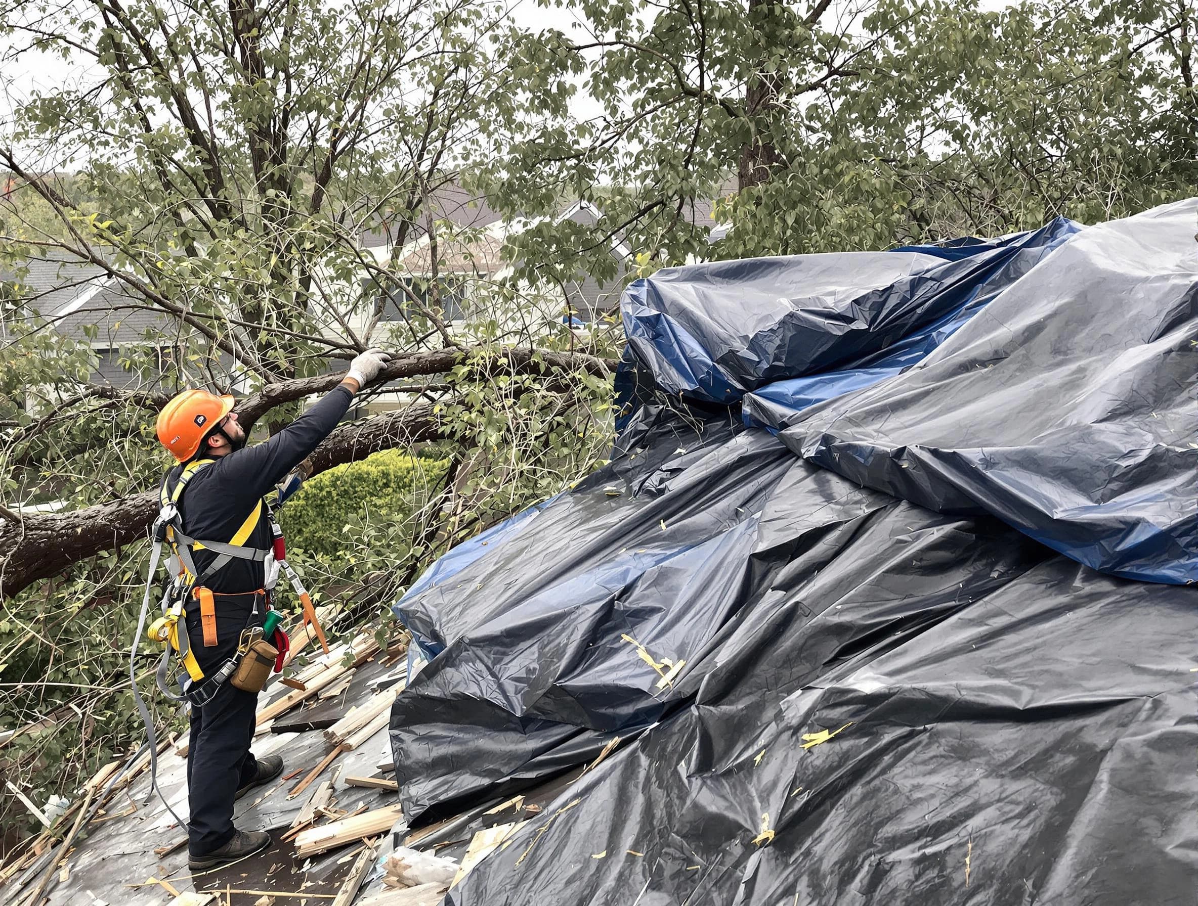 A tarped roof after storm damage repaired by Barberton Roofing Company in Barberton, OH