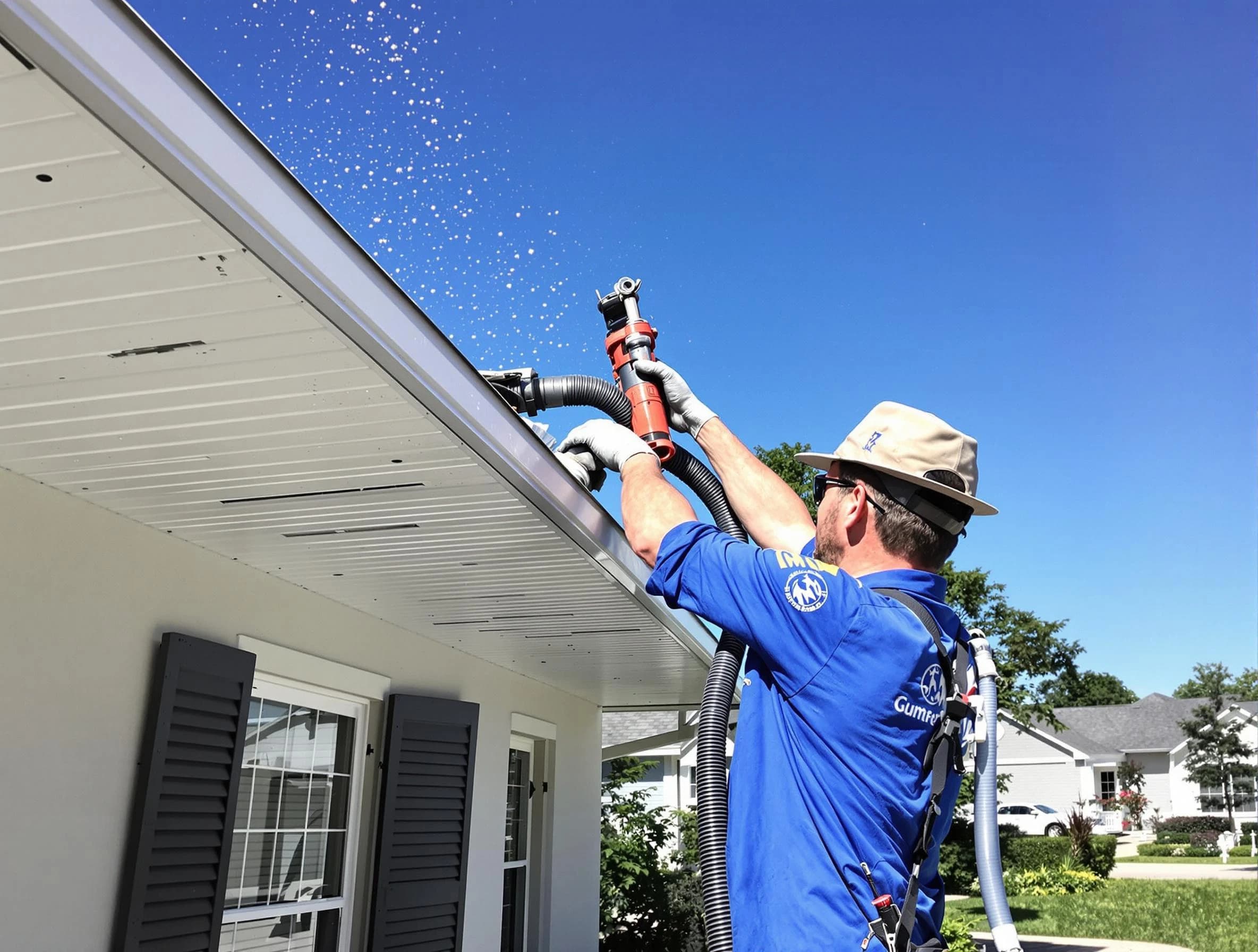 Technician completing a gutter cleaning project by Barberton Roofing Company in Barberton, OH